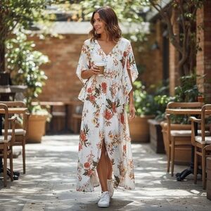 Simplee Apparel Floral High Low Dress - Cream and Red
